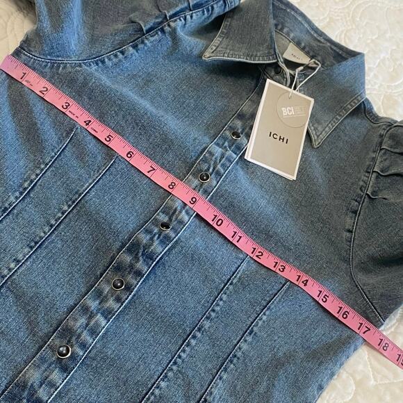ICHI Denim Pearl Snap Puff Sleeve Dress Size 34 Western Country Sustainable - Picture 8 of 13